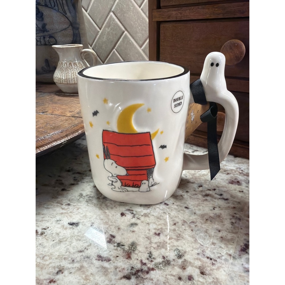 Rae Dunn Peanuts Snoopy Boo Halloween Mug Ghost Handle Double Sided